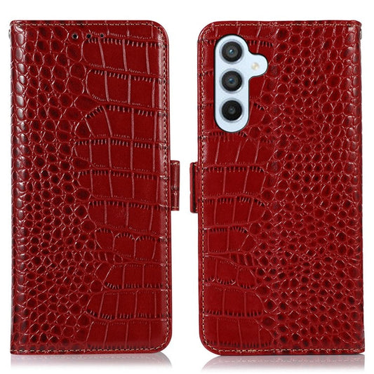 For Samsung Galaxy M54 5G / F54 5G RFID Blocking Wallet Case Genuine Cowhide Leather Crocodile Texture Stand Phone Cover - Red