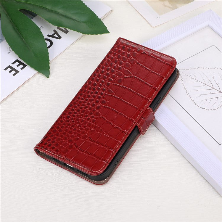 For Samsung Galaxy M54 5G / F54 5G RFID Blocking Wallet Case Genuine Cowhide Leather Crocodile Texture Stand Phone Cover - Red