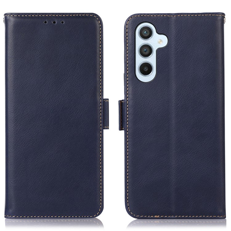 For Samsung Galaxy M54 5G / F54 5G RFID Blocking Walle Crazy Horse Texture Phone Cover Genuine Cowhide Leather Stand Case - Blue