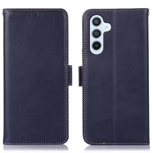 For Samsung Galaxy M54 5G / F54 5G RFID Blocking Walle Crazy Horse Texture Phone Cover Genuine Cowhide Leather Stand Case - Blue