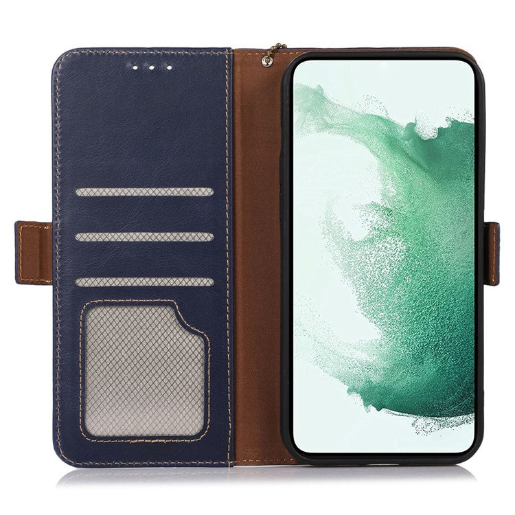 For Samsung Galaxy M54 5G / F54 5G RFID Blocking Walle Crazy Horse Texture Phone Cover Genuine Cowhide Leather Stand Case - Blue