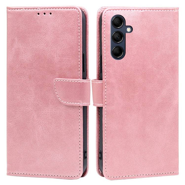 Mobile Phone Folio Cover for Samsung Galaxy M14 5G Calf Texture PU Leather Flip Stand Wallet Case - Rose Gold