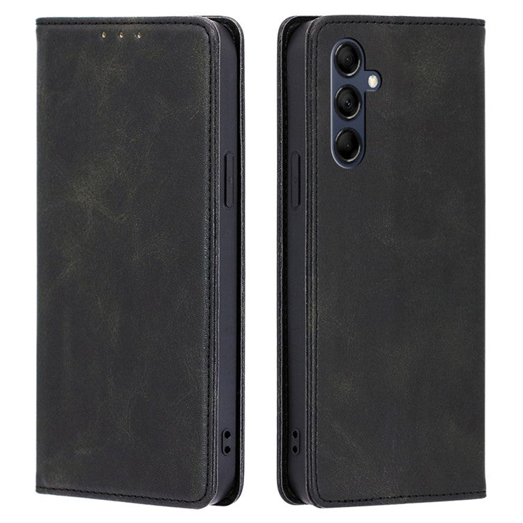 Mobile Phone Shell for Samsung Galaxy M14 5G Calf Texture Protector Case Stand Leather Wallet Cover - Black