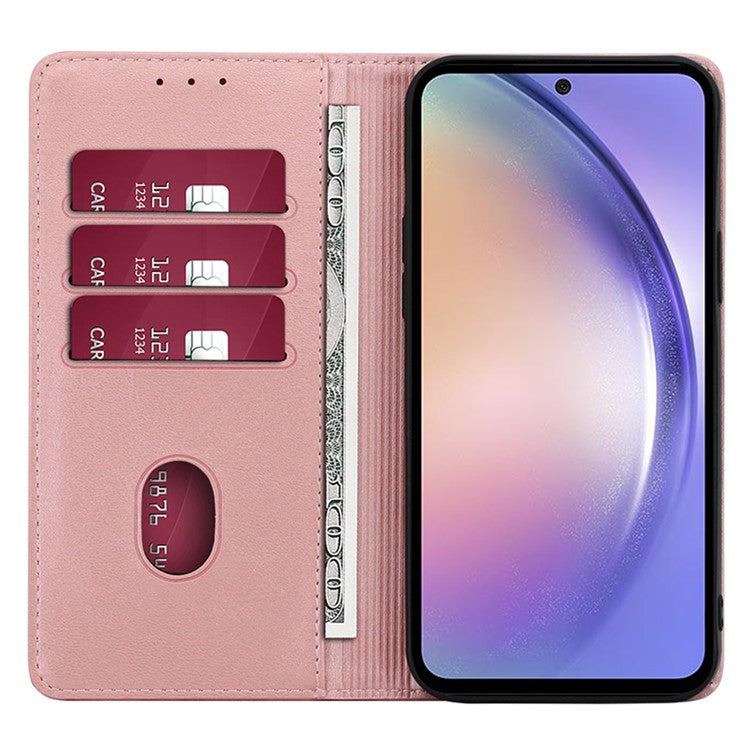 Mobile Phone Shell for Samsung Galaxy M14 5G Calf Texture Protector Case Stand Leather Wallet Cover - Rose Gold