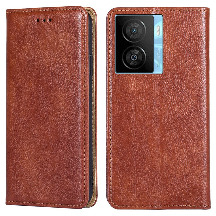 For vivo iQOO Z7x 5G Anti-scratch Leather Wallet Phone Case Solid Color Magnetic Closing Stand Cover - Brown