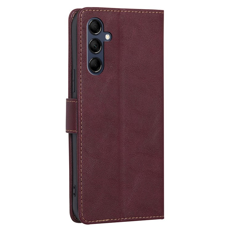 For Samsung Galaxy M14 5G Phone Wallet Case PU Leather RFID Blocking Cowhide Texture Stand Phone Cover - Wine Red