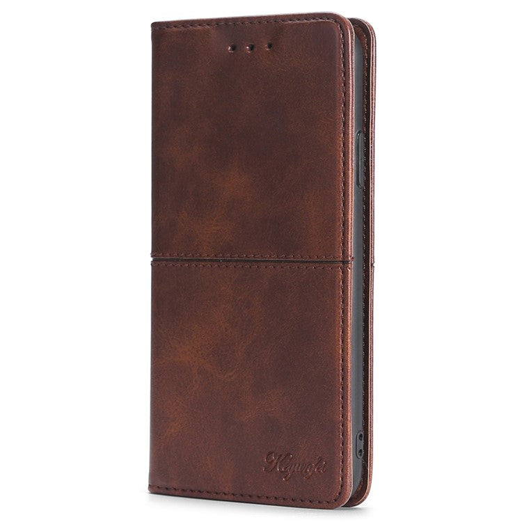 For Samsung Galaxy M14 5G Phone Cover Cowhide Texture PU Leather Stand Phone Case with Card Slots - Dark Brown
