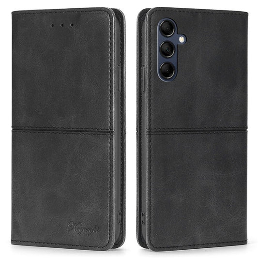 For Samsung Galaxy M14 5G Phone Cover Cowhide Texture PU Leather Stand Phone Case with Card Slots - Black