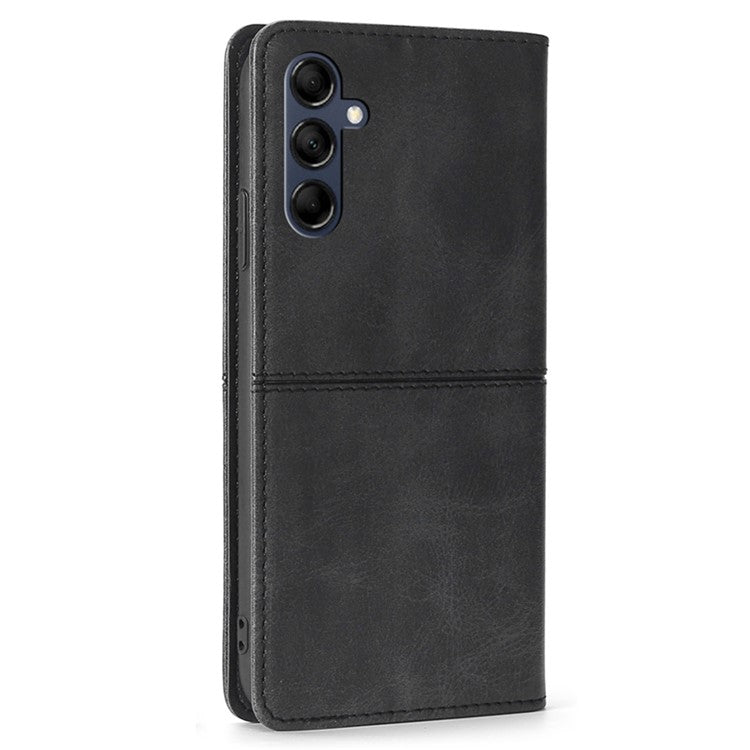 For Samsung Galaxy M14 5G Phone Cover Cowhide Texture PU Leather Stand Phone Case with Card Slots - Black