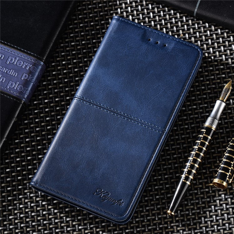 For Samsung Galaxy M14 5G Phone Cover Cowhide Texture PU Leather Stand Phone Case with Card Slots - Blue