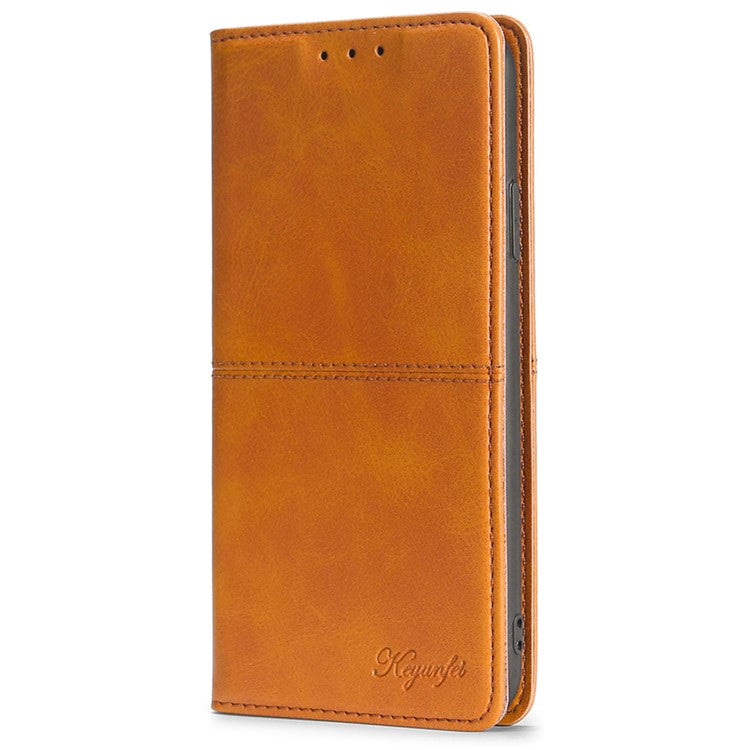 For Samsung Galaxy M14 5G Phone Cover Cowhide Texture PU Leather Stand Phone Case with Card Slots - Light Brown