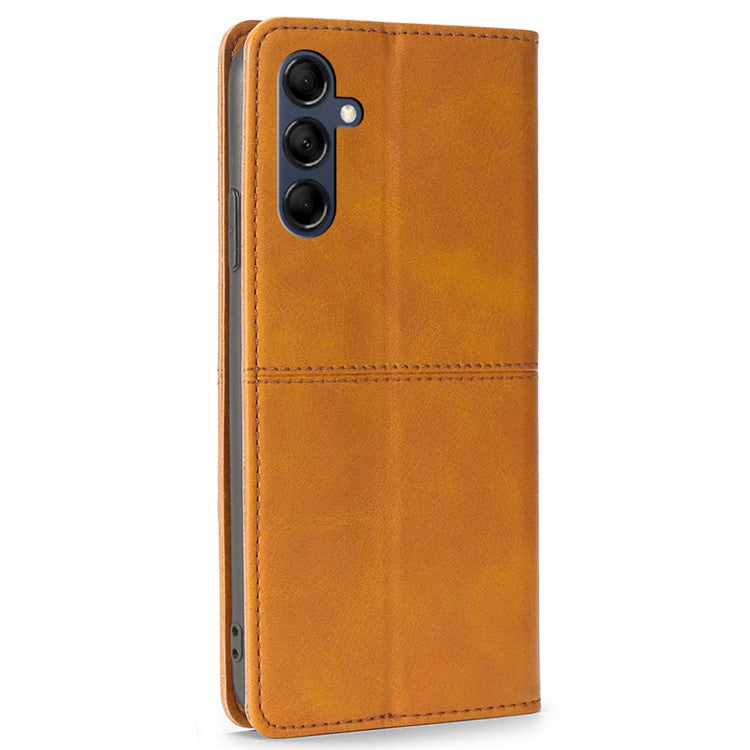 For Samsung Galaxy M14 5G Phone Cover Cowhide Texture PU Leather Stand Phone Case with Card Slots - Light Brown
