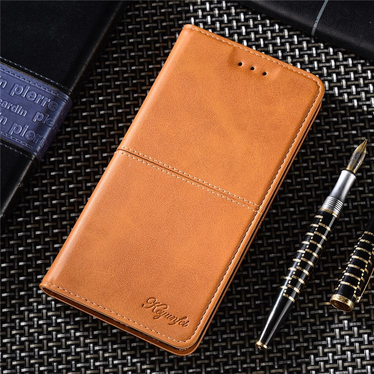 For Samsung Galaxy M14 5G Phone Cover Cowhide Texture PU Leather Stand Phone Case with Card Slots - Light Brown