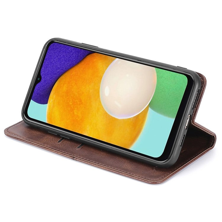 For Samsung Galaxy M14 5G Phone Cover Cowhide Texture PU Leather Stand Phone Case with Card Slots - Light Brown