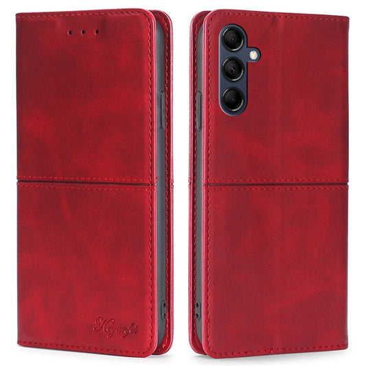 For Samsung Galaxy M14 5G Phone Cover Cowhide Texture PU Leather Stand Phone Case with Card Slots - Red