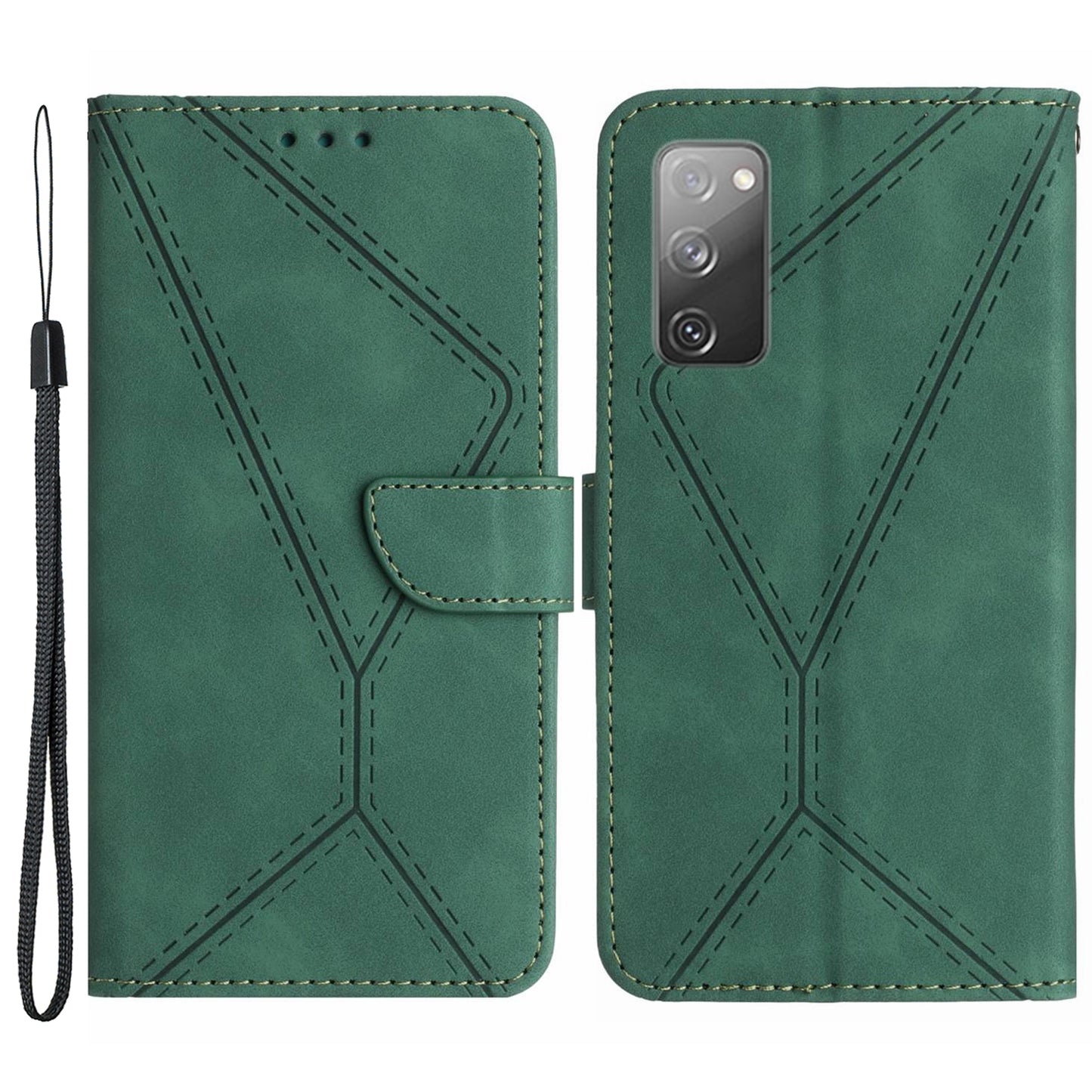 HT05 Flip Wallet Phone Case for Samsung Galaxy S20 FE / S20 FE 5G / S20 FE 2022 / S20 Lite , PU Leather Skin-touch Imprinted Line Stand Cover - Green