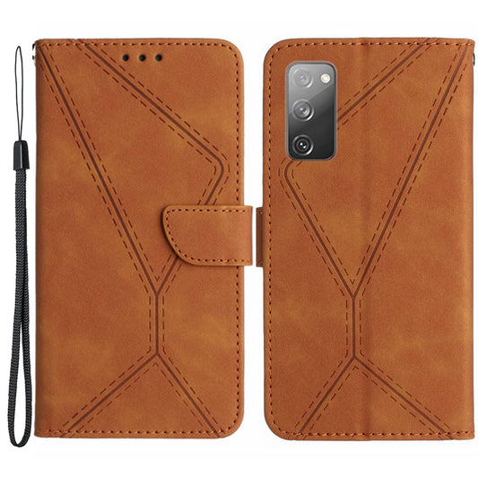 HT05 Flip Wallet Phone Case for Samsung Galaxy S20 FE / S20 FE 5G / S20 FE 2022 / S20 Lite , PU Leather Skin-touch Imprinted Line Stand Cover - Brown