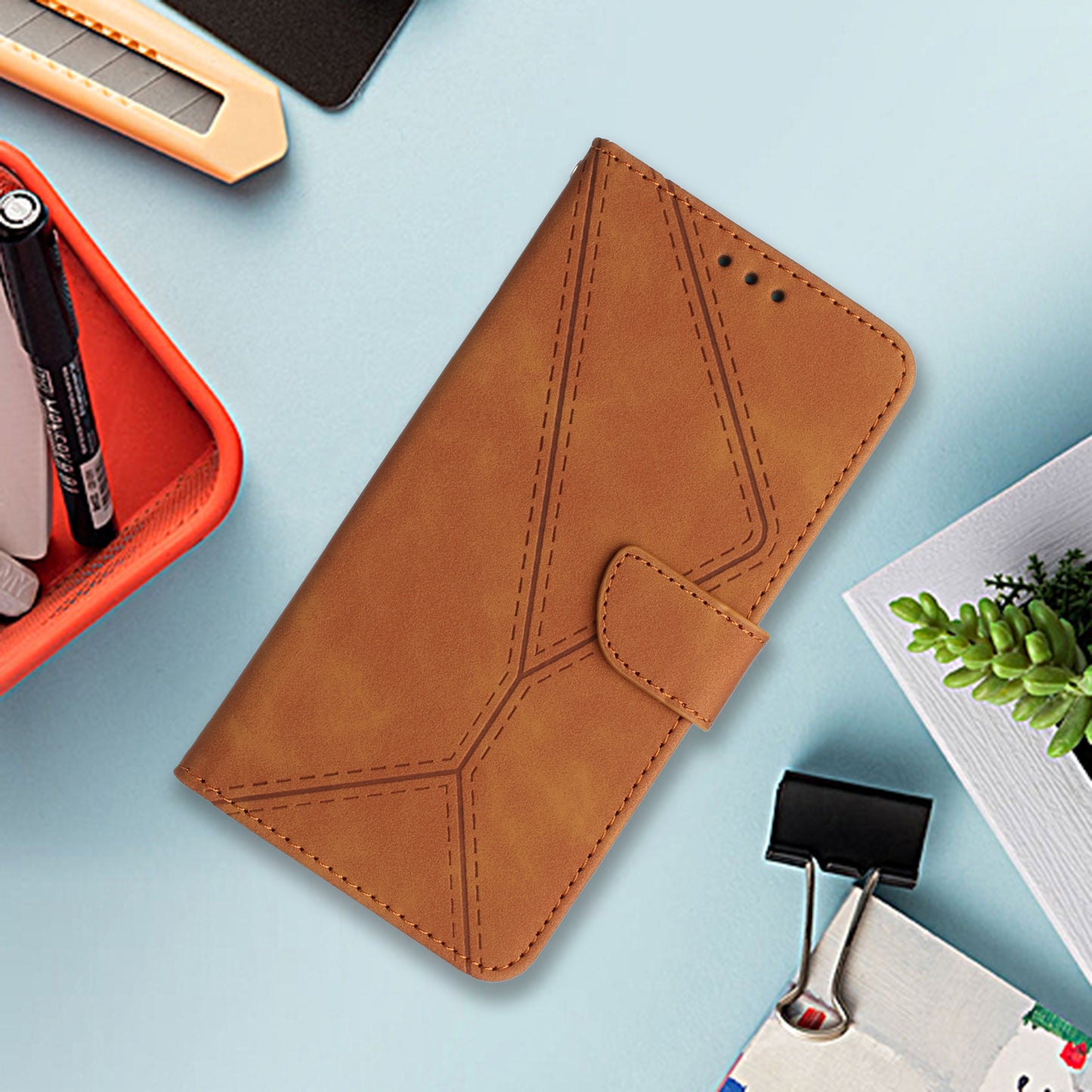 HT05 Flip Wallet Phone Case for Samsung Galaxy S20 FE / S20 FE 5G / S20 FE 2022 / S20 Lite , PU Leather Skin-touch Imprinted Line Stand Cover - Brown