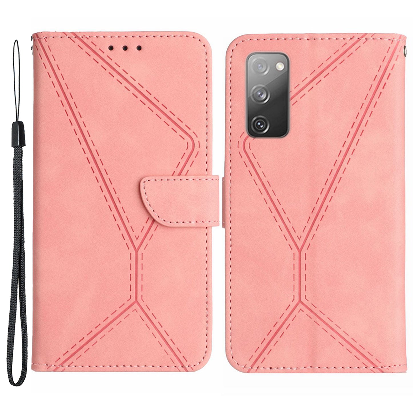 HT05 Flip Wallet Phone Case for Samsung Galaxy S20 FE / S20 FE 5G / S20 FE 2022 / S20 Lite , PU Leather Skin-touch Imprinted Line Stand Cover - Pink