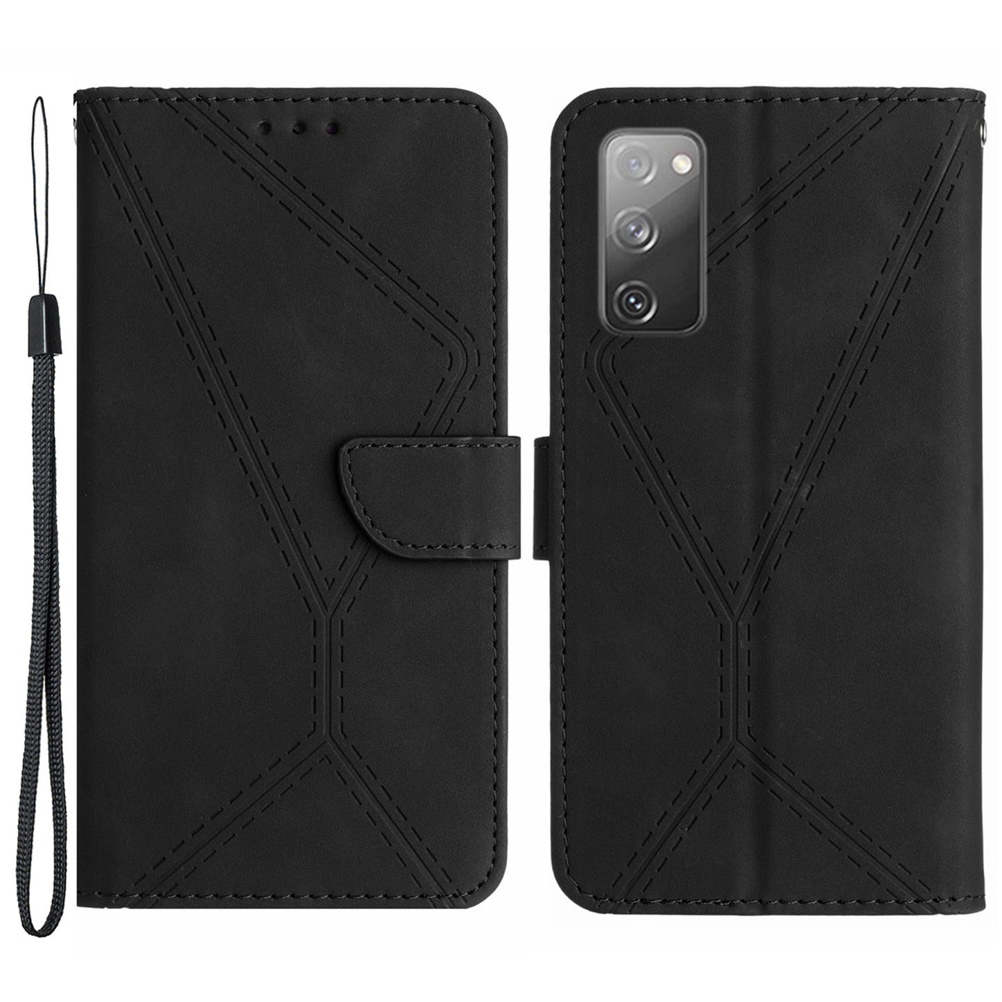 HT05 Flip Wallet Phone Case for Samsung Galaxy S20 FE / S20 FE 5G / S20 FE 2022 / S20 Lite , PU Leather Skin-touch Imprinted Line Stand Cover - Black
