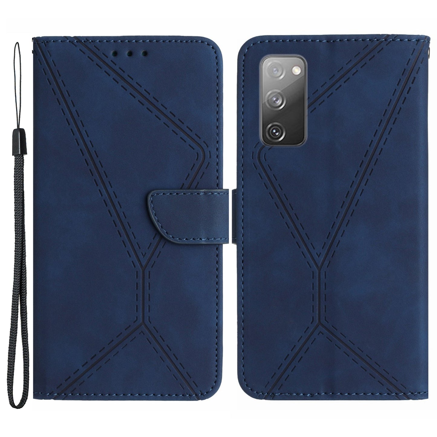 HT05 Flip Wallet Phone Case for Samsung Galaxy S20 FE / S20 FE 5G / S20 FE 2022 / S20 Lite , PU Leather Skin-touch Imprinted Line Stand Cover - Blue
