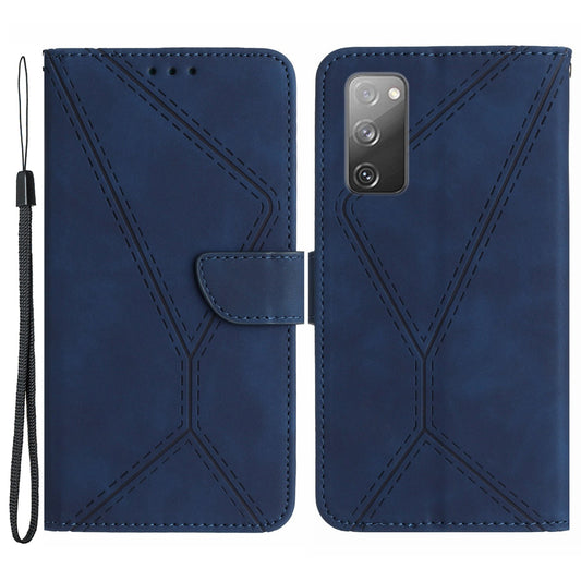 HT05 Flip Wallet Phone Case for Samsung Galaxy S20 FE / S20 FE 5G / S20 FE 2022 / S20 Lite , PU Leather Skin-touch Imprinted Line Stand Cover - Blue