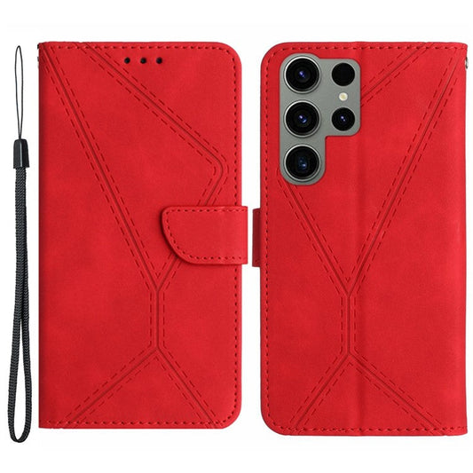 HT05 For Samsung Galaxy S23 Ultra Phone Wallet Case Imprinted Line Leather Stand Phone Cover - Red