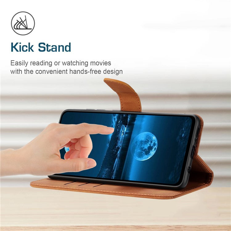 HT05 For Samsung Galaxy M14 5G Imprinted Line Phone Cose PU Leather Wallet Stand Cover - Brown