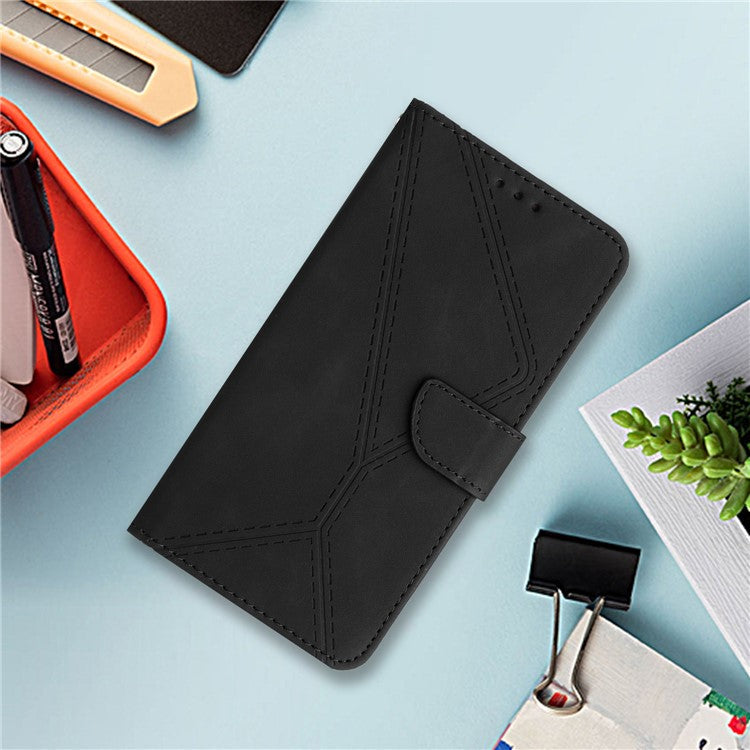 HT05 For Samsung Galaxy M14 5G Imprinted Line Phone Cose PU Leather Wallet Stand Cover - Black