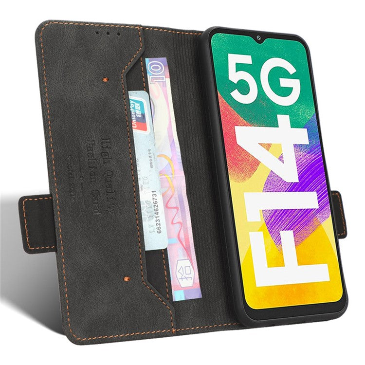 For Samsung Galaxy F14 5G Fall Proof Phone Case Hardware Decor PU Leather Wallet Stand Cover - Black