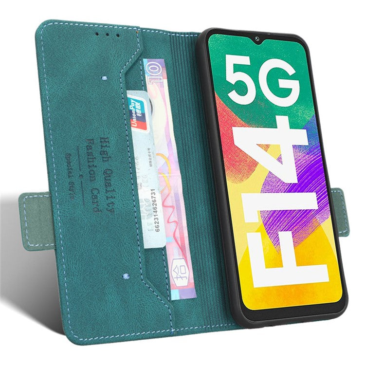 For Samsung Galaxy F14 5G Fall Proof Phone Case Hardware Decor PU Leather Wallet Stand Cover - Blue