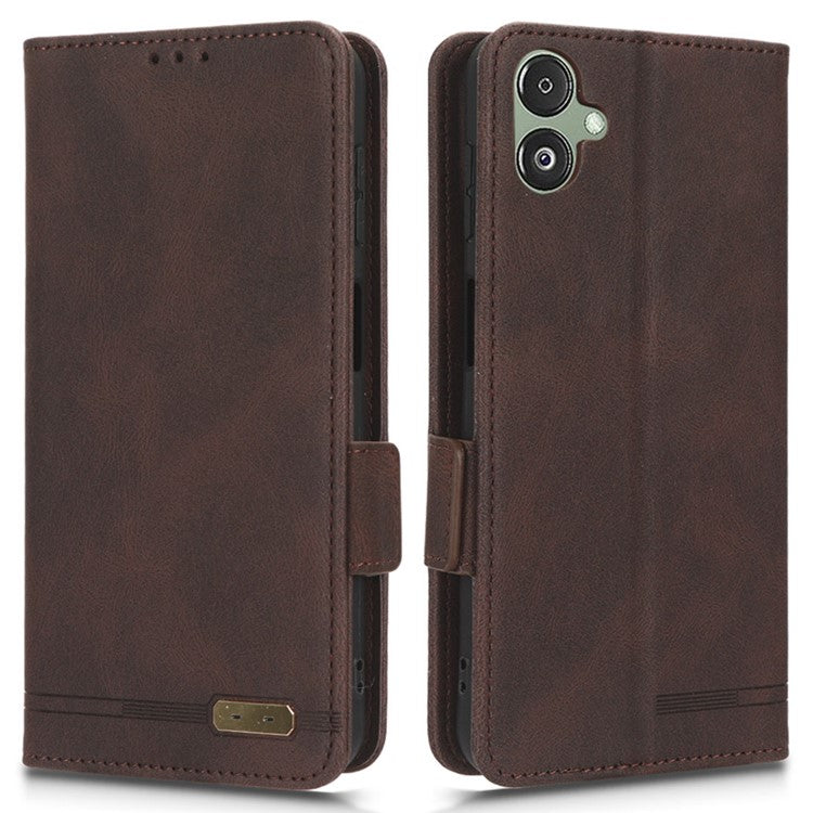 For Samsung Galaxy F14 5G Fall Proof Phone Case Hardware Decor PU Leather Wallet Stand Cover - Coffee