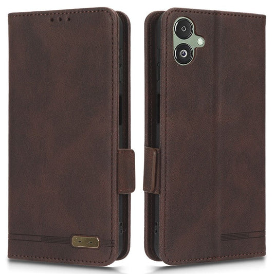 For Samsung Galaxy F14 5G Fall Proof Phone Case Hardware Decor PU Leather Wallet Stand Cover - Coffee