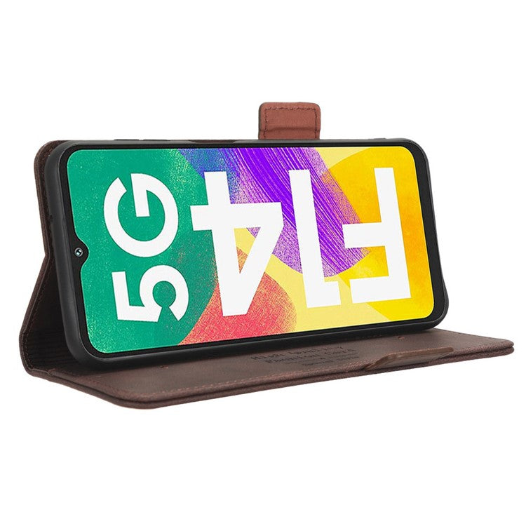For Samsung Galaxy F14 5G Fall Proof Phone Case Hardware Decor PU Leather Wallet Stand Cover - Coffee