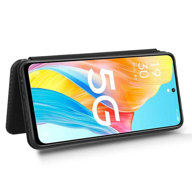 Stand Cover for Oppo A1 5G Carbon Fiber Texture Card Slot PU Leather Shockproof Phone Case - Black
