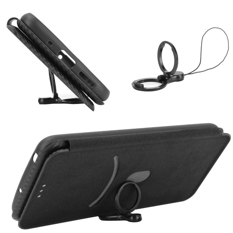 Stand Cover for Oppo A1 5G Carbon Fiber Texture Card Slot PU Leather Shockproof Phone Case - Black