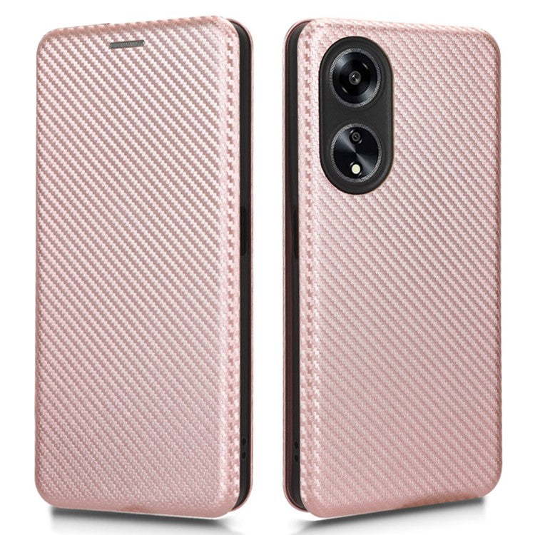 Stand Cover for Oppo A1 5G Carbon Fiber Texture Card Slot PU Leather Shockproof Phone Case - Rose Gold