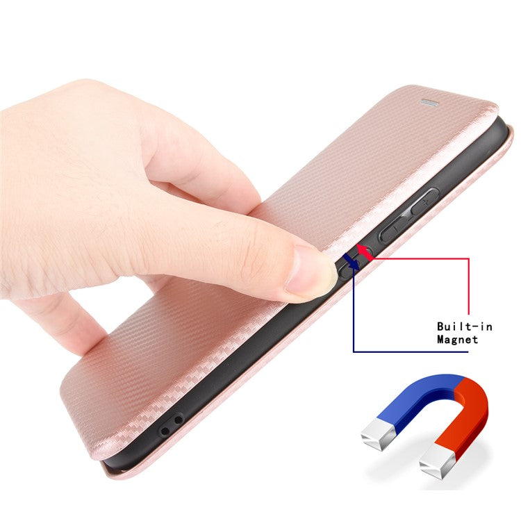 Stand Cover for Oppo A1 5G Carbon Fiber Texture Card Slot PU Leather Shockproof Phone Case - Rose Gold