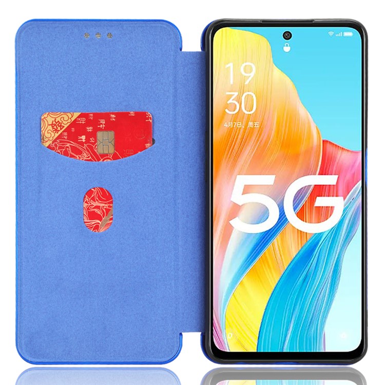 Stand Cover for Oppo A1 5G Carbon Fiber Texture Card Slot PU Leather Shockproof Phone Case - Blue