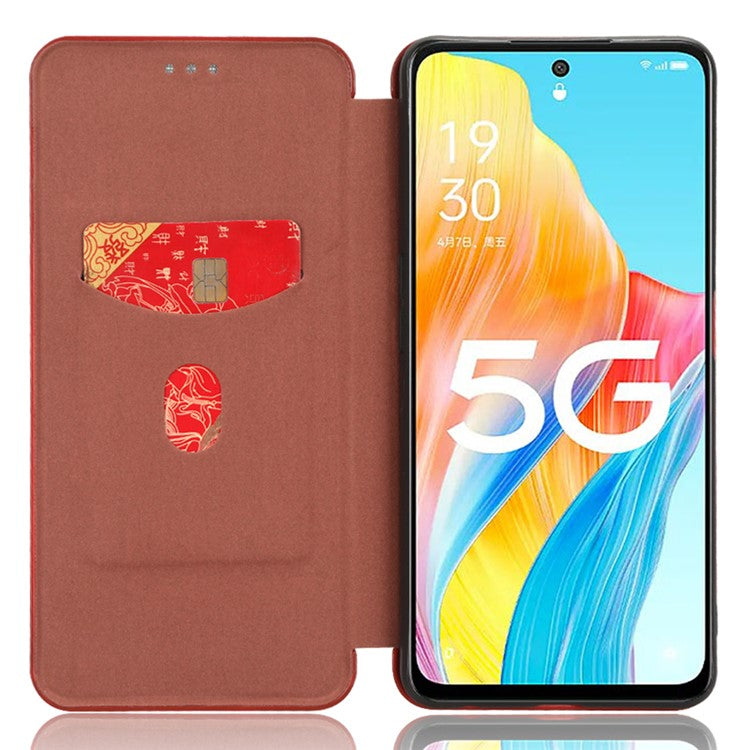 Stand Cover for Oppo A1 5G Carbon Fiber Texture Card Slot PU Leather Shockproof Phone Case - Brown