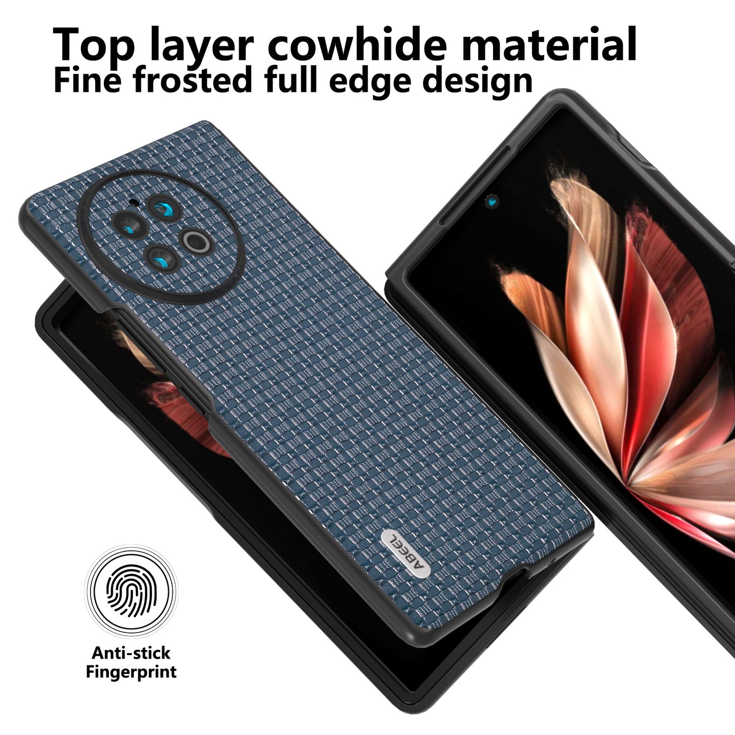 ABEEL For vivo X Fold2 Top-layer Cowhide Leather+PC Phone Cover Anti-Dust Protective Phone Case - Blue
