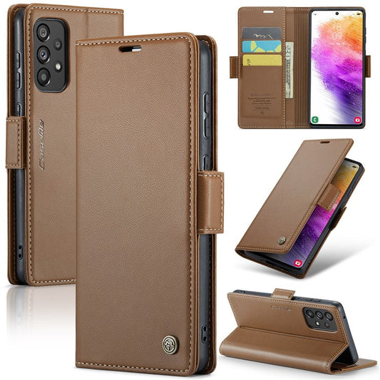 CASEME 023 Series Phone Leather Case for Samsung Galaxy A73 5G , RFID Blocking Wallet Stand Phone Cover - Brown