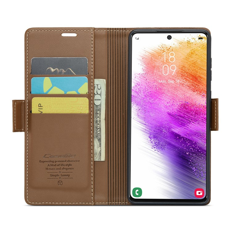 CASEME 023 Series Phone Leather Case for Samsung Galaxy A73 5G , RFID Blocking Wallet Stand Phone Cover - Brown
