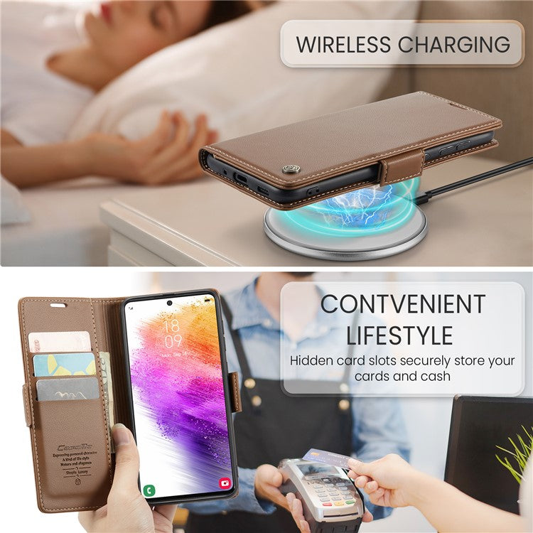 CASEME 023 Series Phone Leather Case for Samsung Galaxy A73 5G , RFID Blocking Wallet Stand Phone Cover - Brown
