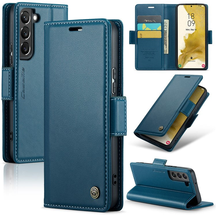 CASEME 023 Series for Samsung Galaxy S22+ 5G RFID Blocking PU Leather Case Wallet Stand Phone Cover - Blue