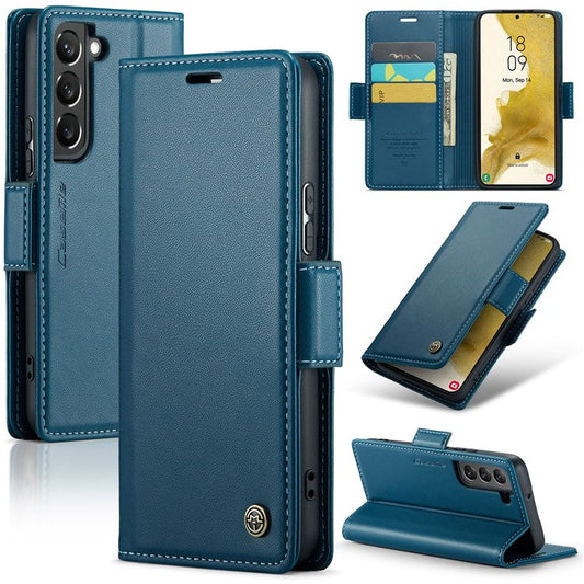 CASEME 023 Series for Samsung Galaxy S22+ 5G RFID Blocking PU Leather Case Wallet Stand Phone Cover - Blue