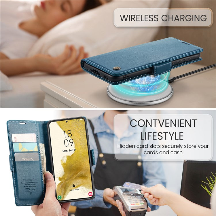 CASEME 023 Series for Samsung Galaxy S22+ 5G RFID Blocking PU Leather Case Wallet Stand Phone Cover - Blue