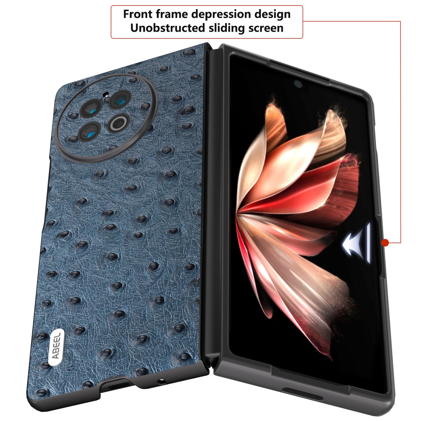 ABEEL Shockproof Case for vivo X Fold2 Ostrich Texture Genuine Cow Leather PC Phone Case - Blue