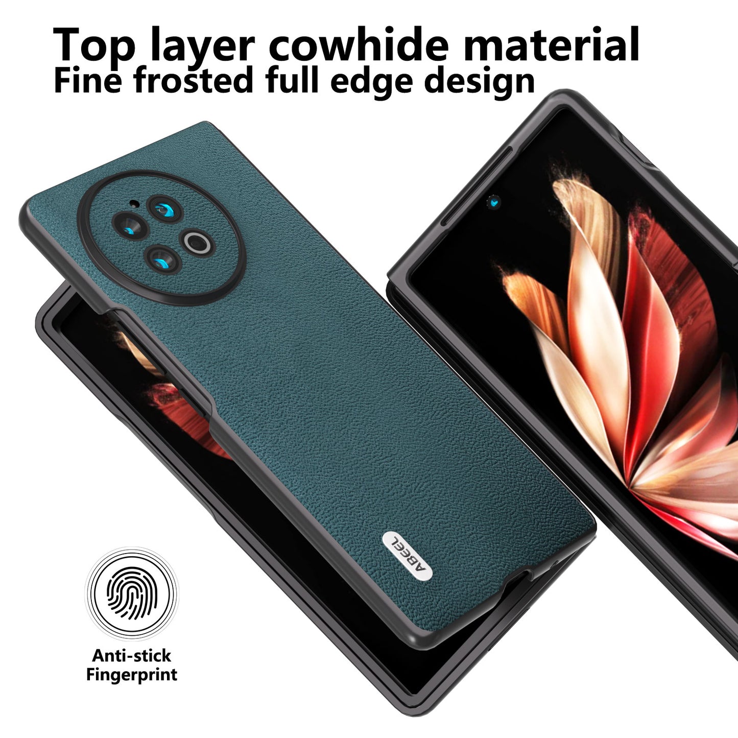 ABEEL Genuine Cow Leather PC Phone Case for vivo X Fold2 Shockproof Case Folding Anti-Drop Phone Shell - Midnight Green