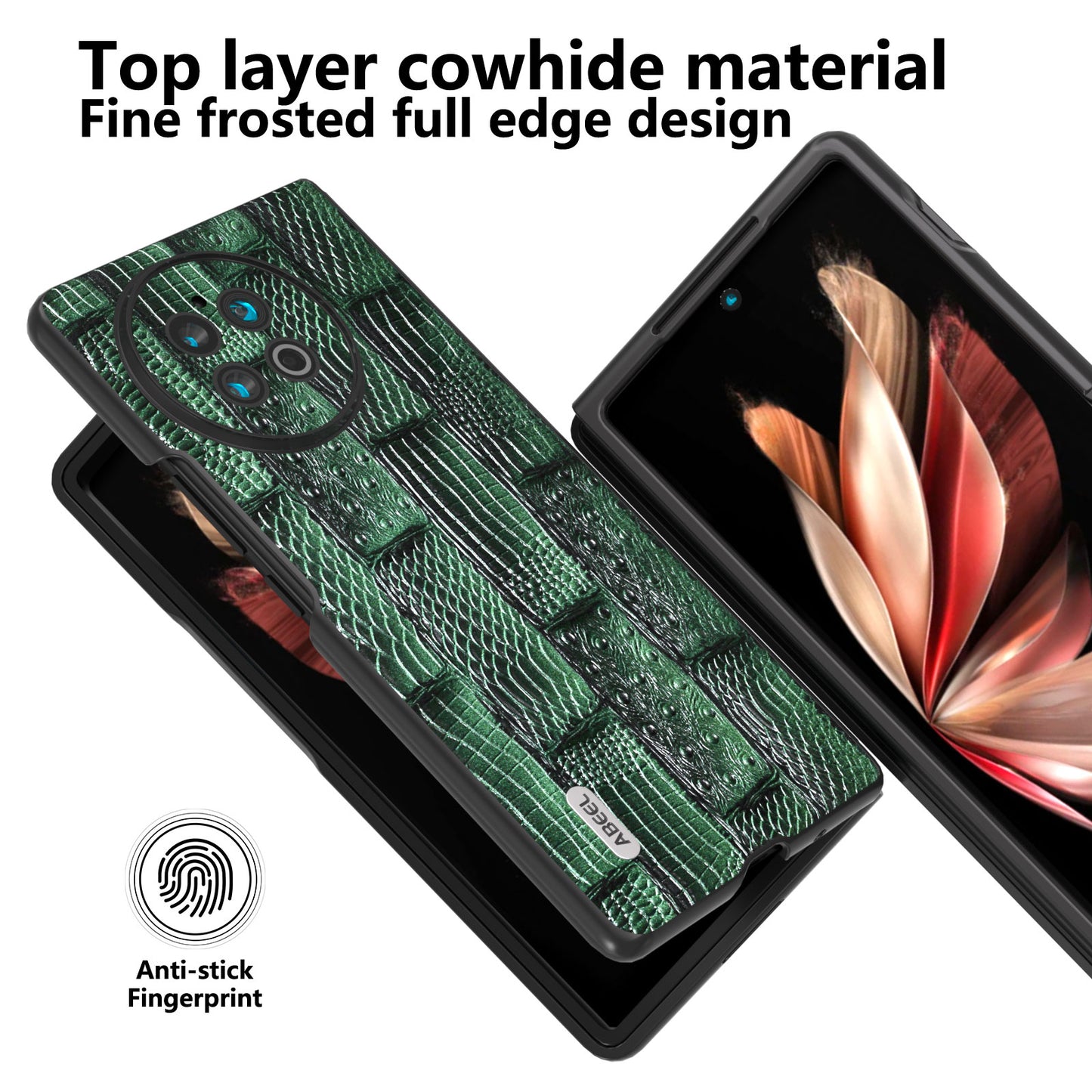 ABEEL For vivo X Fold2 Mahjong Texture Black Edge Case Genuine Cow Leather Coated PC Phone Cover - Green